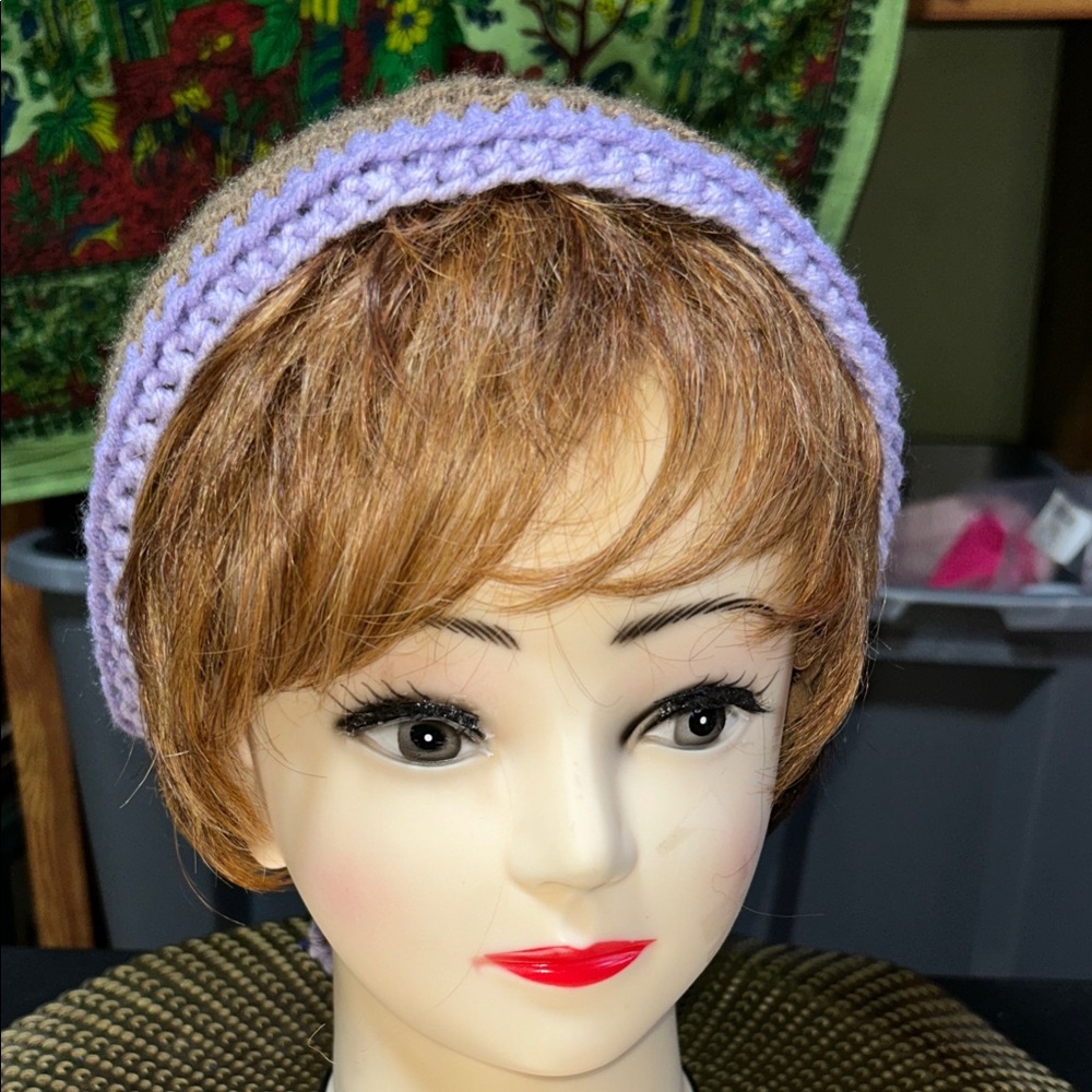 Purple  & brown handmade Crochet Head band/scarf with tie in back.